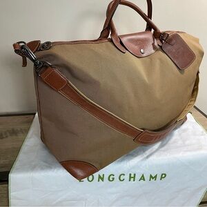 Authentic LONGCHAMP Brown Canvas & Leather BOXFORD Carry-On TRAVEL Overnight BAG